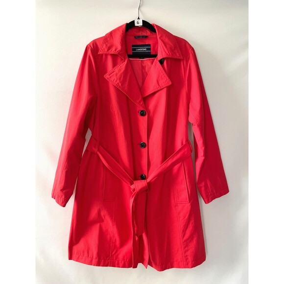 Lands' End women's coral red trench coat belted pockets size 1X 16w-18w - Picture 2 of 11